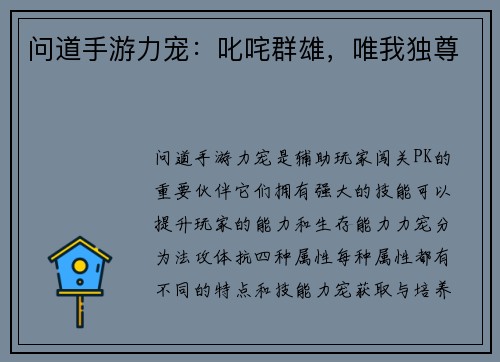 问道手游力宠:叱咤群雄,唯我独尊
